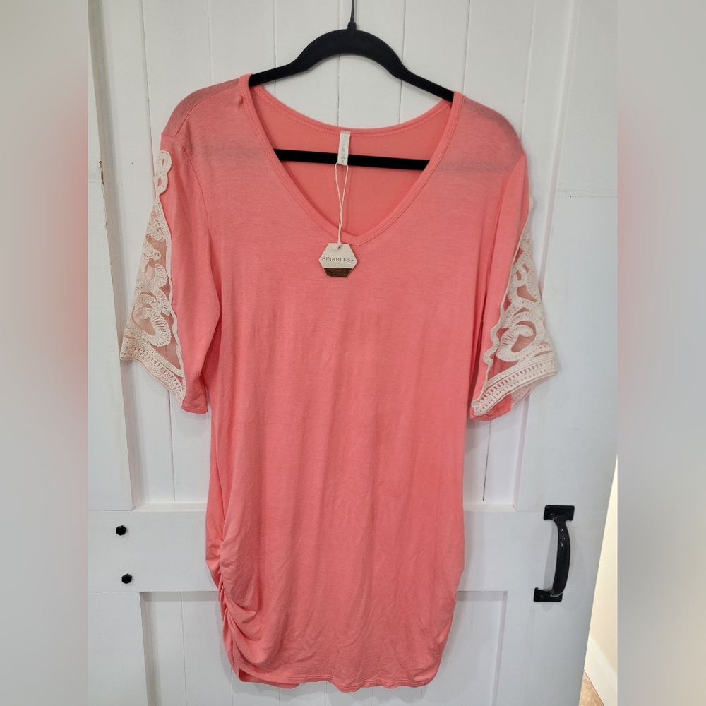 Pink Blush Womens Coral Maternity Tunic Shirt Lace Sleeve Size Large NWT